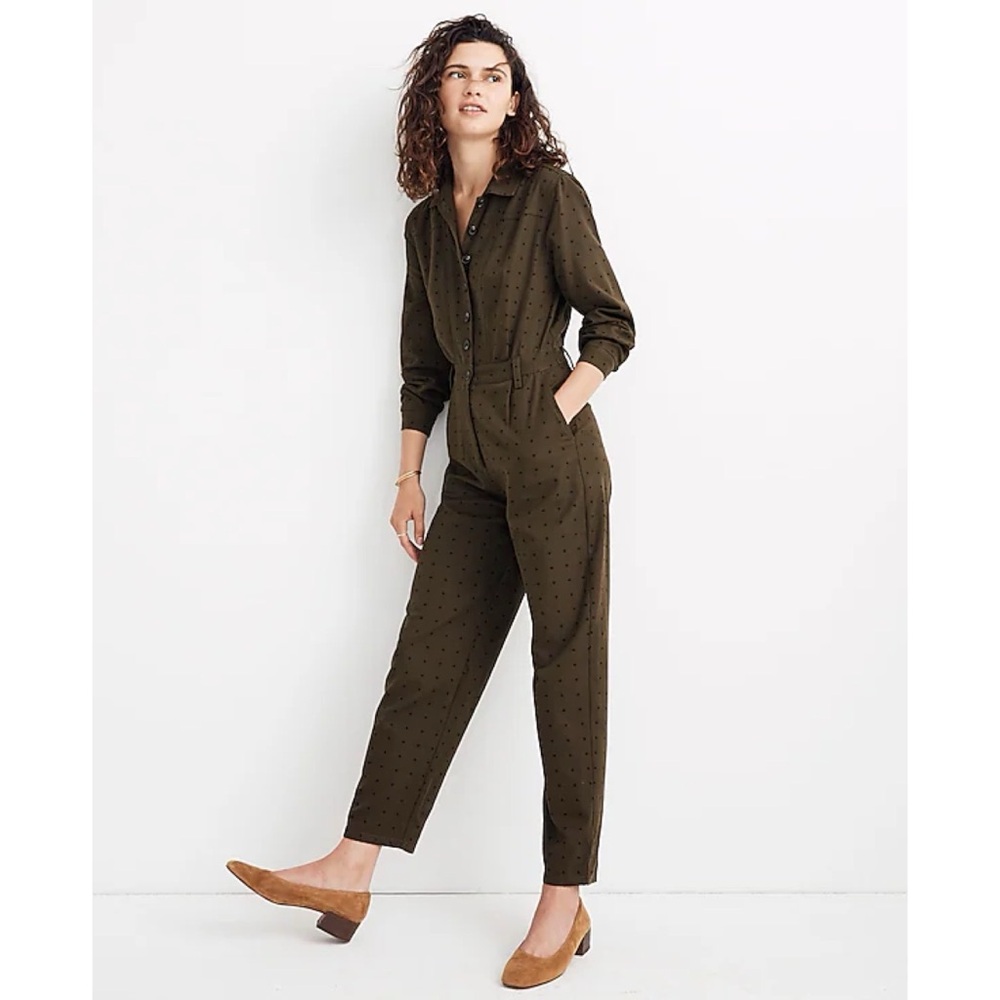 Madewell Olive Utility Button-Up Jumpsuit with Subtle Dot Print
